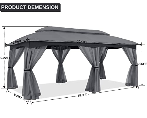 ABCCANOPY Outdoor Patio Gazebo 10x20 - Double Roof Canopy with Mosquito Netting for Backyard, Deck, Garden, Lawn, Dark Gray - Thumbnail 2