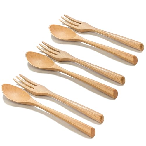 Kyien 6Pcs Wood Soup Spoons And Forks Sets 7.5In Natural Wood Eating Utensils Wooden Flatware Set, Eco Friendly Wood Cutlery Wooden Dinner Fork And Spoon, 3 Spoons and 3 Forks