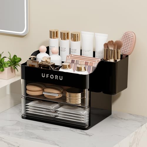Image of UFORU Makeup Organizer for Vanity with Brush Holder, Countertop Skincare Organizer with 2 Drawers, Spacious Cosmetic Display Case for Perfumes, Cologne, Shaving Lotion