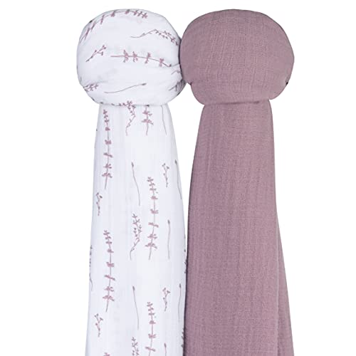 Image of Ely's & Co. Muslin Swaddle Blanket 2-Pack - 100% Cotton Muslin Extra-Large Swaddle Blankets (47 inch x 47 inch) Solid + Printed (Delicate Leaves + Solid Lavender)