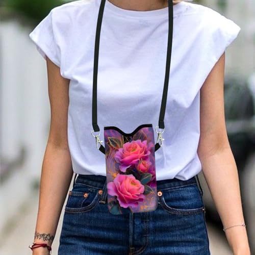 Image of Neoprene Cell Phone Sleeve Pouch Case Bag with Crossbody Strap Neck Lanyard for Women 7.1 X 3.9 in Beautiful Flowers