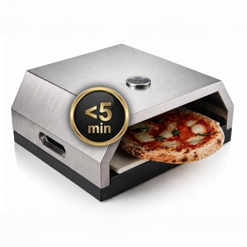 SOUK ONE Pizzaaufsatz Pizza Oven Ofen Pizzaofen aus Edelstahl Pizzastein für Gasgrill & Holzkohlegrill Pizzabox für BBQ Perfekte Steinofen-Pizza wie beim Italiener Thermometer (Silber)