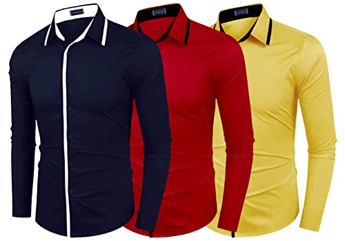 Image of Zombom Combo of Men's Cotton Blend Solid Regular Fit Casual Full Sleeves Shirts (Pack of 3)