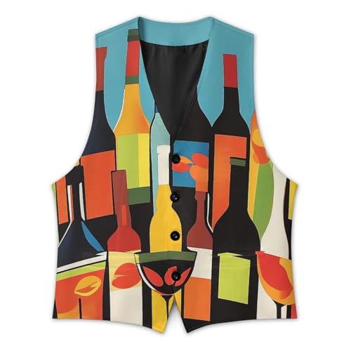 Colorful Wine Bottles Men's Suit Vest Slim Fit V-Ncek Waistcoat Business Casual Vest3