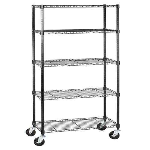 Pusalxl Freestanding Wire Pantry Shelf on 3" Wheels,5Shelf Adjustable Metal Shelving for Pantry