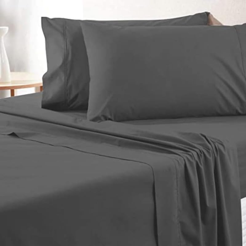 Image of Queen Size Bedsheets for Single Bed 600 TC - Cotton Elastic Fitted Sheet (66 x 72 Inches) with 8 Inch Drop- Color Dark Gray Solid [ Fitted Sheet with 2 Pillow Cover]