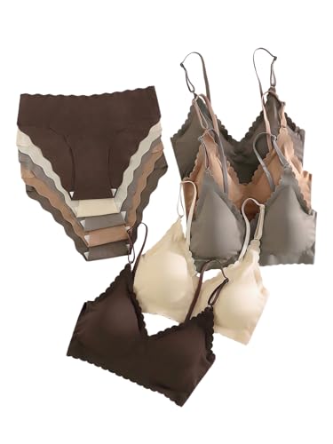 BEAUDRM Women's 5 Pack Seamless Lingerie Sets Scallop Trim Wireless Bralettes No Show Bra and Panty Sets Matching Underwear Multi Grey Large