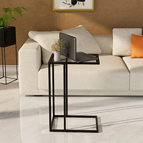 Huhote C-Shaped End Table - Glass Side Table for Sofa and Couch with Metal Frame, Ideal for Living Room and Bedroom, Black Finish - Image 7