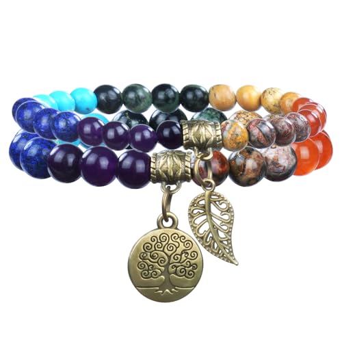 Alaoo Chakra Bracelets for Women, 2 Pcs Chakra Crystal Bracelet, Healing Balance Stone Bracelet with Tree of Life, Yoga Reiki Bangle, Christmas Birthday Gifts for Women Girls Friend Sister Mom (A)