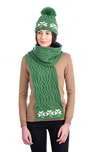 SAOL 100% Merino Wool - Irish Aran Scarf with Green Shamrock for Women4