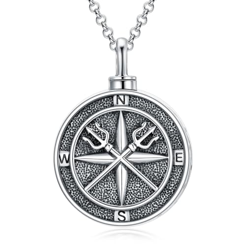 PROESS Compass Urn Necklace for Ashes 925 Sterling Silver Compass Pendant Trident Necklace Cremation Jewelry Gifts for Women Men