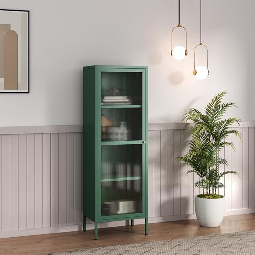 [en.casa] Vitrinenschrank Säkylä Bücherschrank mit 4 Ablagen 150 x 50 x 35 cm Küchenschrank mit 1 Tür Mehrzweckschrank Vitrine Metallschrank Tannengrün