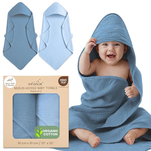Image of infancie Organic Cotton Muslin Baby Hooded Towels - 32x32 Inch, 2 Pack Newborn Bath Towels for Boys & Girls, Soft & Absorbent Bath Set (Deep Blue/Aquarius)
