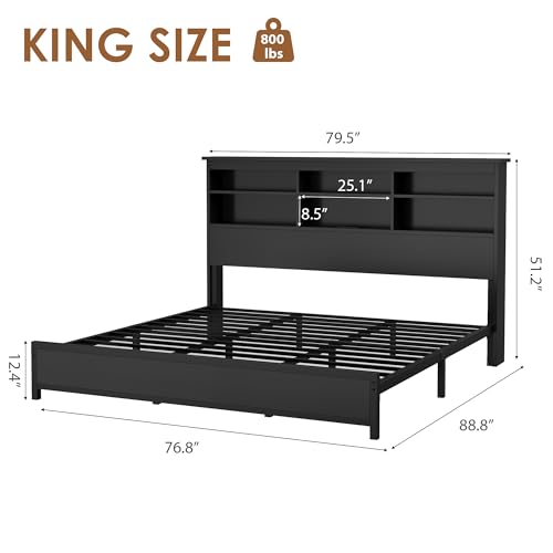 King Size Bed Frame with Bookcase Headboard, Tall Wooden Bed Headboard Frame with Type-c & USB Charging Station, Under Bed Storage Space, No Box Spring Needed, Black
