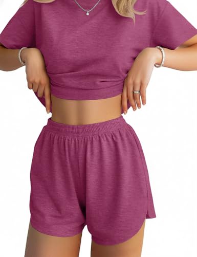 Image of JUSTFASHIONNOW Womens Pajama Sets Shorts Striped Print Two Piece Lounge Sets Crew Neck Sleepwear Split Shorts Set Soft Pjs