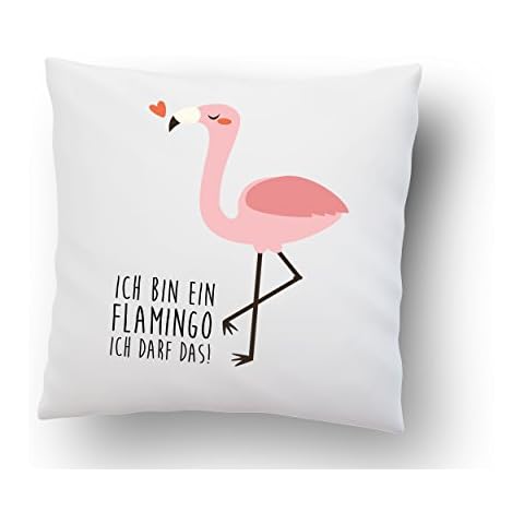 Cojín con texto "Ich bin ein Flamingo, ich darf das!" - 40 cm x 40 cm - Blanco - Flamenco - Rosa - Plumas Cover