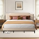 Jarenie King Bed Frame, Upholstered Wooden Slat Bed Frame with Headboard, Easy Assembly, Underbed Storage, No Box Spring Needed, Beige, 190×208CM