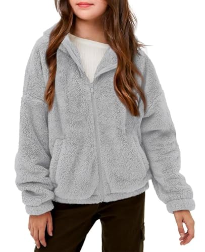 Haloumoning Mädchen Fleece Jacken Kinder Weich Fuzzy Kapuzenpullover Winter Coat Jacke, Grau, 9-10 Jahre