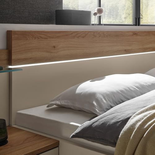 Lomadox Schlafzimmer Komplett Set in Eiche mit Kaschmir, Kleiderschrank 6-türig & Bett 180x200 cm mit Nakopaneel LED-Beleuchtung & Kommode mit Softclose-Funktion – Bild 3