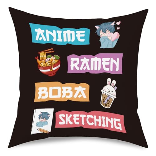 NGLIV Anime Decor, Just a Girl Who Loves Ramen Boba Sketching Room Decorative Throw Pillow Covers, Anime Lovers for Home Living Room Girl Women Bedroom Decoration Gifts