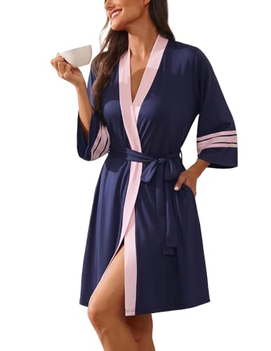 Image of Ekouaer Womens Robe Lightweight 3 /4 Sleeve Soft Knit Bathrobe Sleepwear