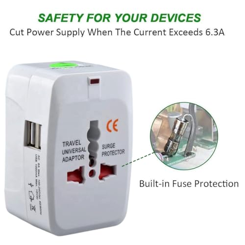 Image of fizzytech Universal Travel Adapter with Dual USB Ports, All-in-One International Power Plug for UK, US, EU, AU, Worldwide Charger for 150+ Countries, Fast Charging Multi Plug (White)