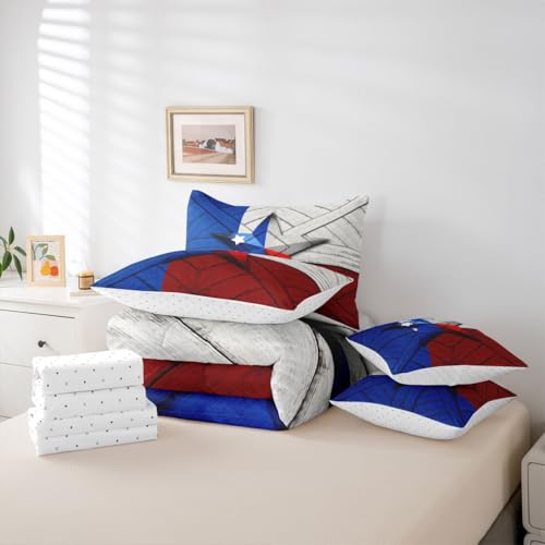 Image of Erosebridal Western Texas Star Queen Comforter Set with Sheets | Red Blue American Flag 7-Piece Bedding Set Grunge Stars and Stripes Rustic Bed in a Bag, Retro Vintage Wood Plank Cowboys Bed Sets