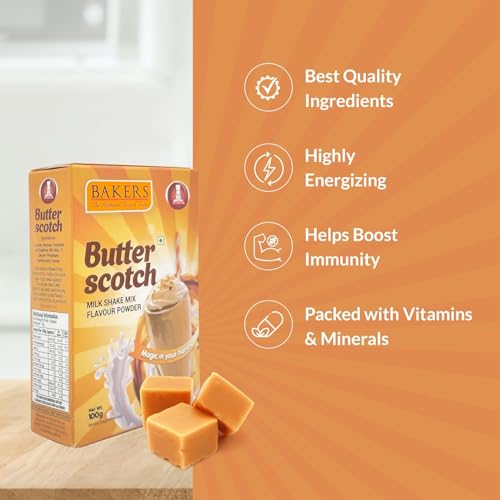 Image of BAKERS Milk Shake Mix Powder - Butterscotch Flavor Pack of 4, Each 100g (400 Gram) | Instant Thick & Creamy Shake Mix | Rich & Delicious Dessert Drink | Ready to Mix with Milk | No Preservatives