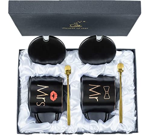 DANEEN Mr and Mrs Coffee Mug ceramic marble coffee/tea Cupp with lid Spoon set personalized gift set for Couple Parents Wedding Gift Bridal Engagement (14oz) (Black/Black)