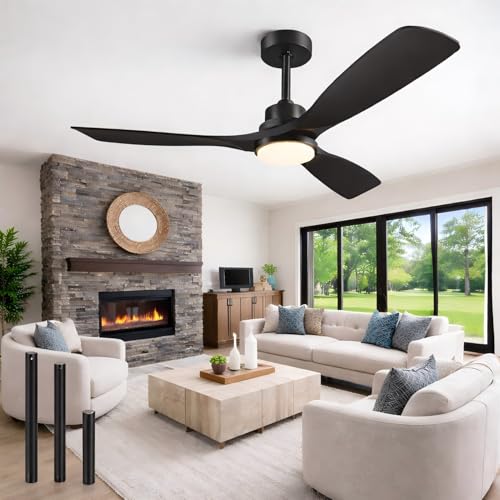 Ventilador de Techo con Luz y Mando a Distancia, Negro Ventiladores de Techo de 132 cm con Lámpara Luz Led con Motor DC, 3 Aspas, 6 Velocidades, Silencioso, Temporizador, para Exterior Dormitorio Saló