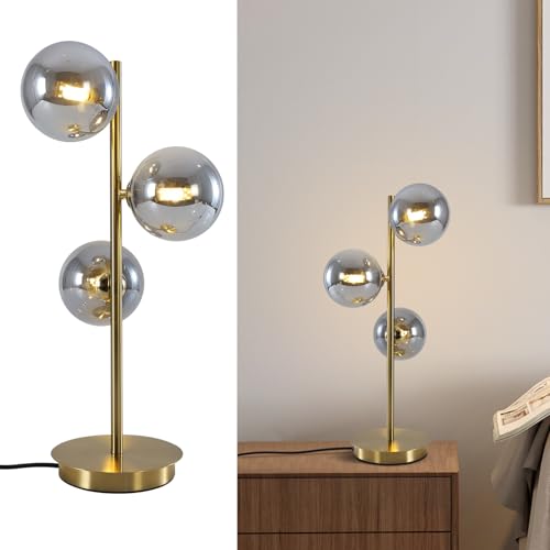 Image of Mid Century Globe Table Lamp, Modern 3 Lights Gold Brass Desk Lamp, Contemporary Smoky Grey Glass Globe Bedside Lamp for Bedroom Living Room Study Room