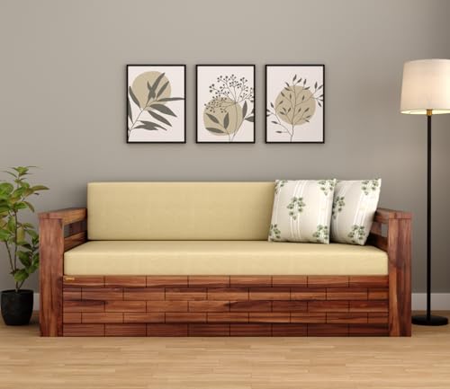 Image of Sheesham Wooden Sofa Cum Bed for Living Room with Side Pocket Storage - 3 Seater Sofa Cum Bed with Storage - 3 Person Sofa Cuma Bed Wooden with Premium Cushion Seating (Honey)
