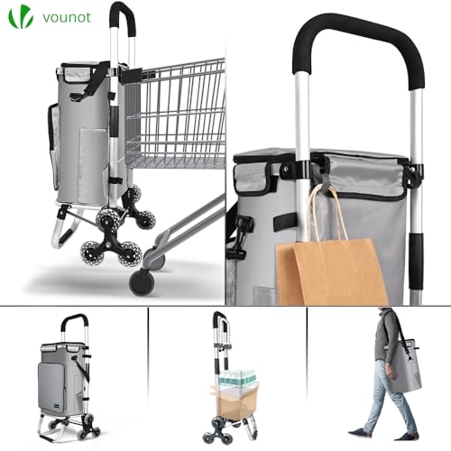 VOUNOT® Aluminium Einkaufstrolley Treppensteiger, 3 in 1 Trolly Einkaufswagen Klappbar, Hackenporsche mit Kühlfach und Haken, 6 Rädern & großer Kapazität, Wasserdicht, Grau – Bild 5