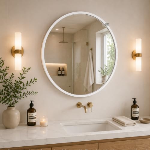 Image of Ali.G.I Round Wall Mirror, Modern Metal Framed Decorative Circle Vanity Mirror for Bathroom, Living Room, Bedroom & Entryway (White 24 inch)