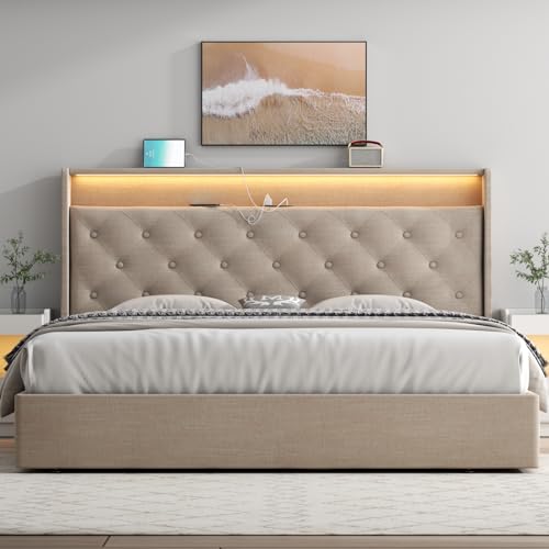Loomie Queen Lift Up Bed Frame with Charging Station & LED Lights, Upholstered Bed with Button Tufted Wingback Storage Headboard, Hydraulic Storage, No Box Spring Needed, Wood Slats Support,Beige
