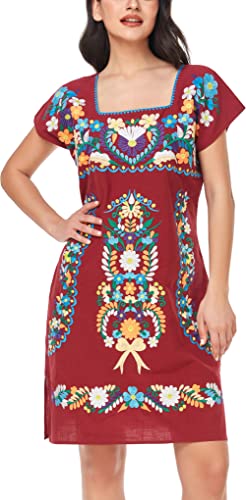 Image of YZXDORWJ Women Mexican Embroidered Dress Ruffle Collar Sleeveless