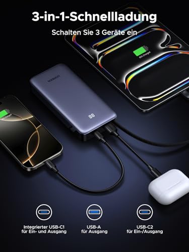 UGREEN Power Bank, 20000mAh 45W Schnellladen mit Integriertem USB-C Kabel & Bidirektionalem 45W PD, Externe Handyakkus Kompatibel mit Galaxy S25 Ultra/S25+, iPhone 17/16 Serie, iPad, Laptop und mehr 4
