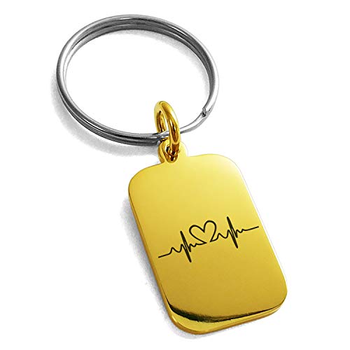 Stainless Steel Love Heart Lifeline Small Rectangle Dog Tag Charm Keychain Keyring