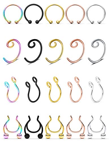 SCERRING Fake Septum Nose Hoop Rings Stainless Steel Faux Lip Ear Cartilage Nose Septum Ring Non Piercing Clip On Nose Hoop Rings Body Piercing Jewelry 20PCS Mix Color 1#