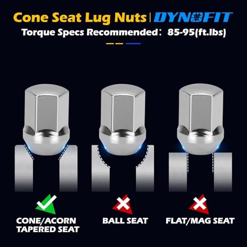 Image of Dynofit M14x1.5 Lug Nuts Compatible with Ram 1500 Jeep Dodge, 20pcs One-Piece Design Chrome Wheel Nuts for 5 Lug OEM Wheel, 7 /8 inch Hex 60 Degree Conical Seat Studs for Wrangler Grand Cherokee