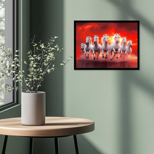 Image of HOTHOUSE 7 Horses Vastu Frame Wall Art Painting for Living Room Bedroom Office Home Decor | Seven Running Vastu Lucky Horse Rising Sun Painting Wall Decor Size (13X17 inch)