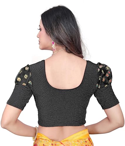 Image of Shreeji Designer Round Neck Cotton Lycra and Net Fabric Fully Stretchable Baloon Sleeve Designer Readymade Blouse for Women