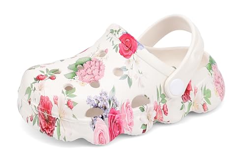 Image of INMINPIN Kids Cute Clogs Cartoon Garden Shoes Boys Girls Slides Slippers Indoor Outdoor Children Water Shower Beach Pool Sandals,Flower White,5.5-6.5 Toddler,Kids