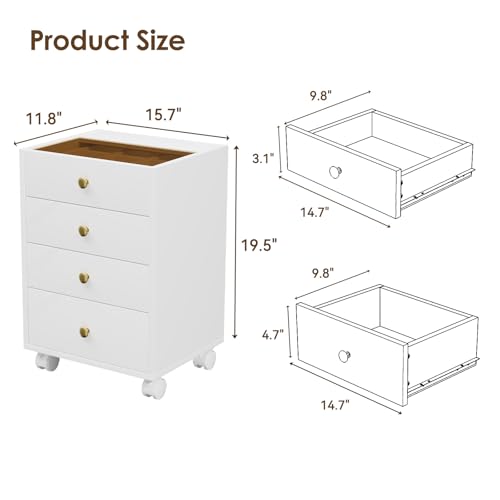 Image of Under Desk Storage, 4 Drawer Small File Cabinet, Chest of Drawer with Glass Top, Mobile Printer Stand with Lockable Wheels for Home Office Study, White