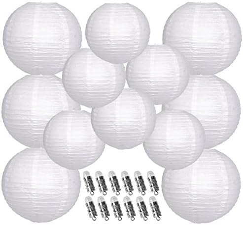 Paper Lanterns Decorative, White Hanging Paper Lanterns with Lights for Wedding Anniversary Birthday Party 12 LED Light Round Chinese Lanterns 12" 10" Pack of 12