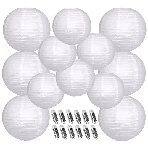 YUNXUAN Paper Lanterns Decorative, White Hanging Paper Lanterns with Lights for Wedding Anniversary Birthday Party 12 LED Light Round Chinese Lanterns 12' 10' Pack of 12