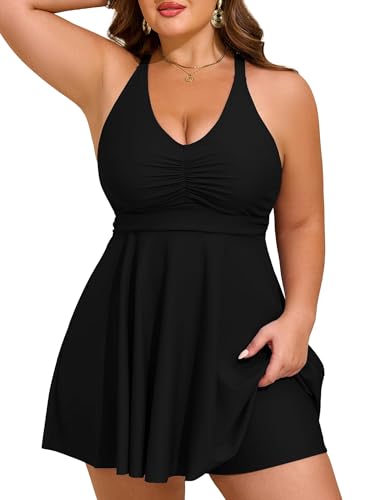 HUSKARY Plus Size Bathing Suit for Women Tummy Control V Neck Flowy Hide Belly Swim Dress Two Piece with Adjustable Strap and High Waisted Swim Shorts Black