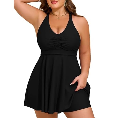 HUSKARY Plus Size Tankini Swimsuits for Women Tummy Control V Neck Hide Belly Bathing Suits Two Piece with Swim Shorts 12 Plus Black