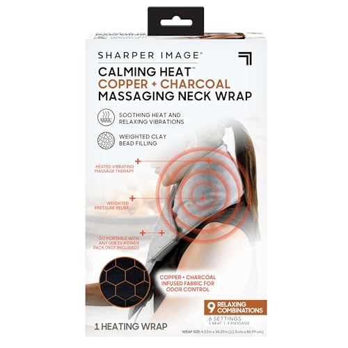 Calming Heat Neck Wrap by Sharper Image Copper & Charcoal Infused Personal Electric Neck Heating Pad with Vibrations 3 Heat & 3 Vibration Settings- 9 Relaxing Combinations