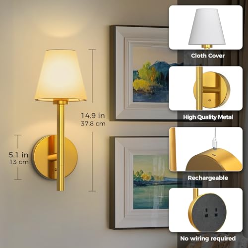 Image of L LOHAS LED Battery Operated Wall Sconce & Table Lamp Set of 2, 10000mAh Battery Powered Dimmable Wall Lamp with App, 15 DIY Color, Wireless Sconces Wall Decor for Living Room, Bedroom, Gold